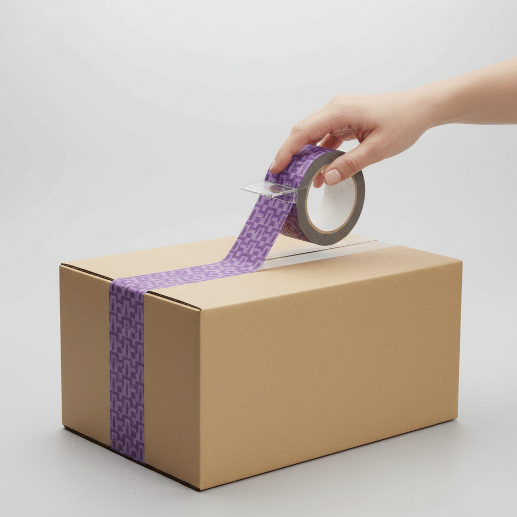 Branded packing tape sealing a kraft shipping box as part of a small business custom packaging setup
