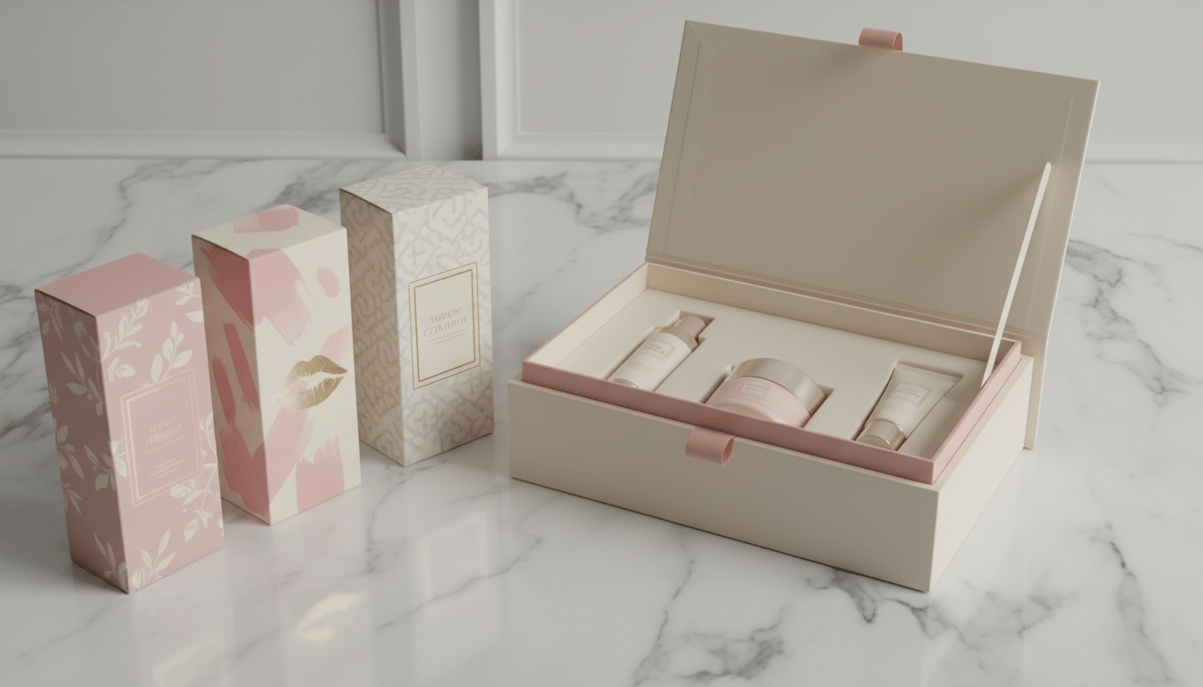 Custom cosmetic boxes for serum, lipstick and cream jars with gold foil accents on marble