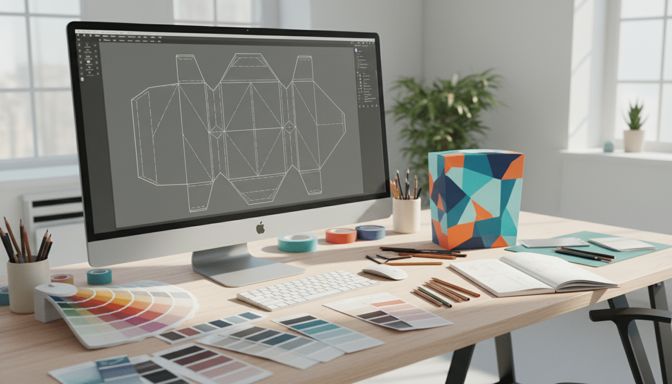 Designer preparing a custom packaging dieline with color swatches for a small business box