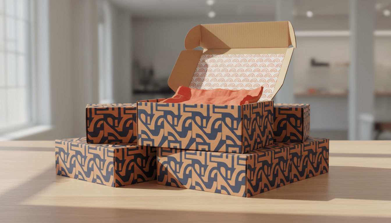 Custom printed mailer boxes with a printed interior, a popular custom packaging choice for small e-commerce businesses