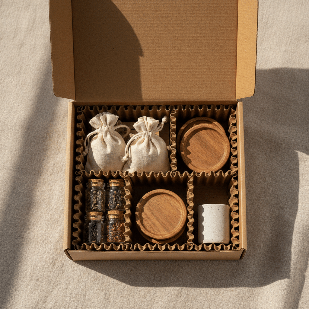Custom cardboard insert holding small products in place inside a kraft custom packaging box