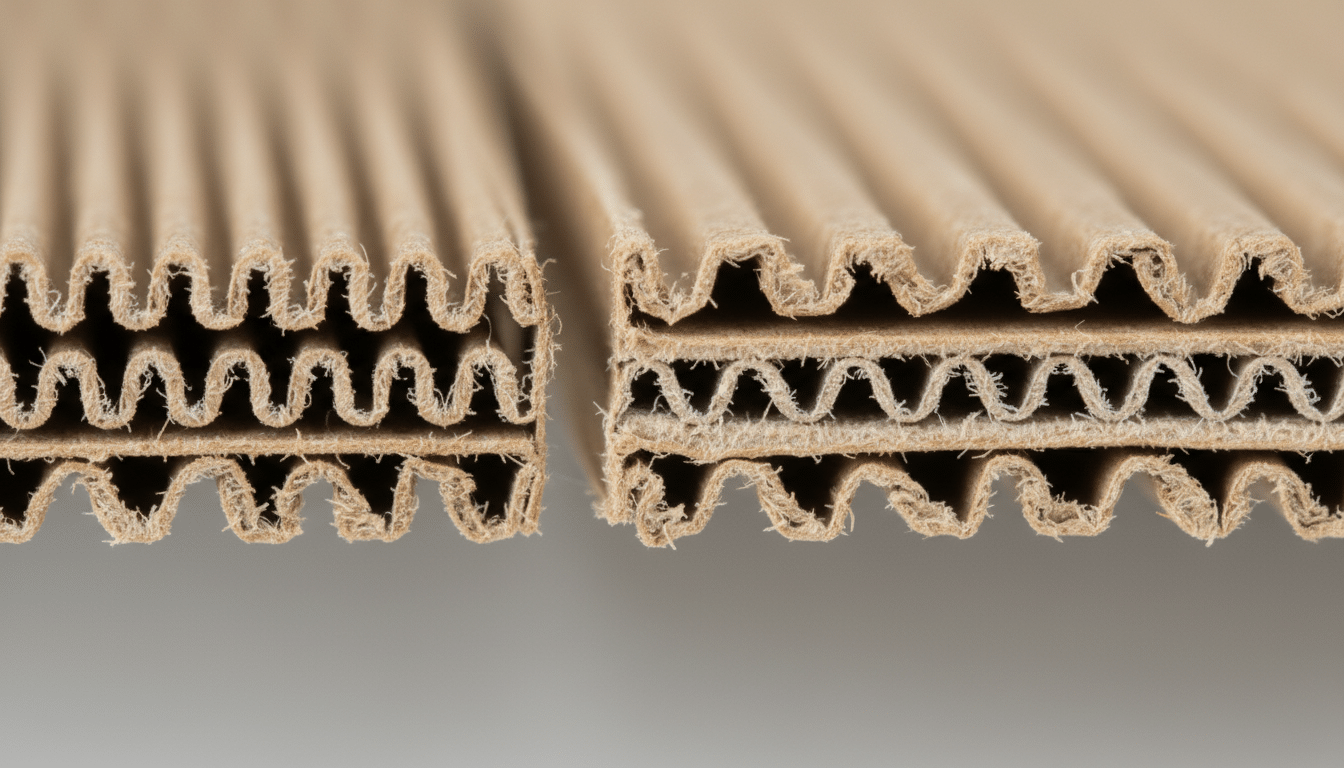 Cross-section of thin E-flute and thicker B-flute corrugated cardboard