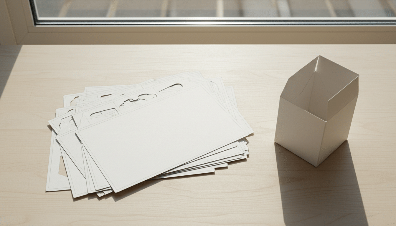 Flat die-cut folding carton blanks next to an assembled tuck end box