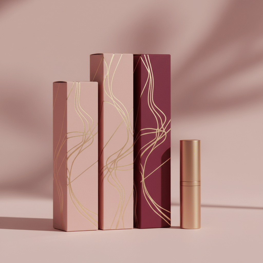 Slim custom lipstick and lip gloss cosmetic boxes in blush pink and burgundy with gold foil