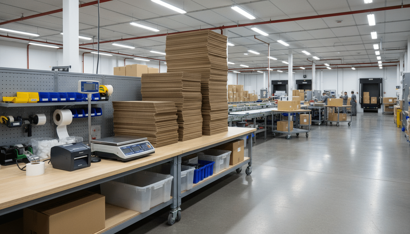 E-commerce shipping station with mailer boxes in several sizes and a parcel scale