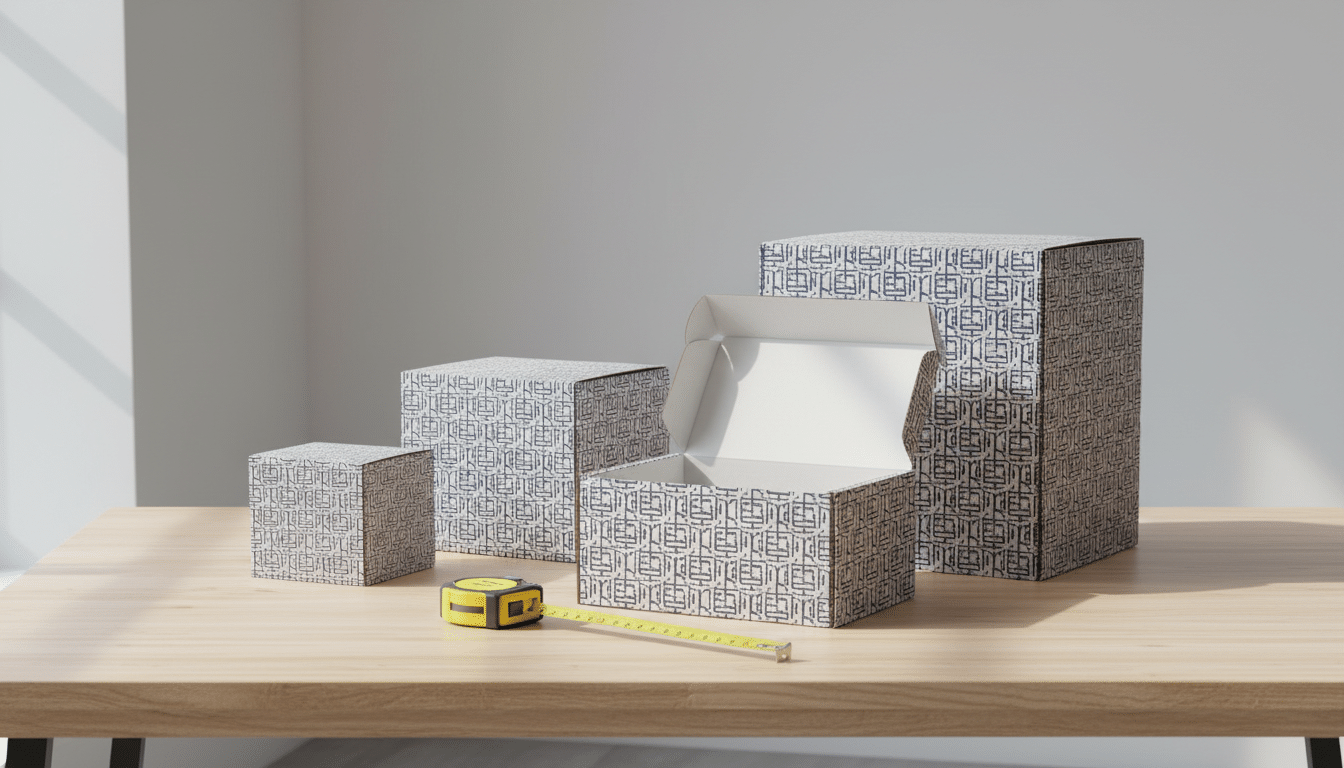 Custom printed mailer boxes in small, medium and large sizes next to a tape measure