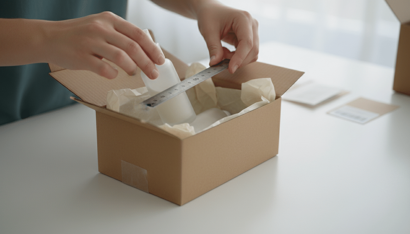 Measuring a product inside an open kraft mailer box to choose the right box size