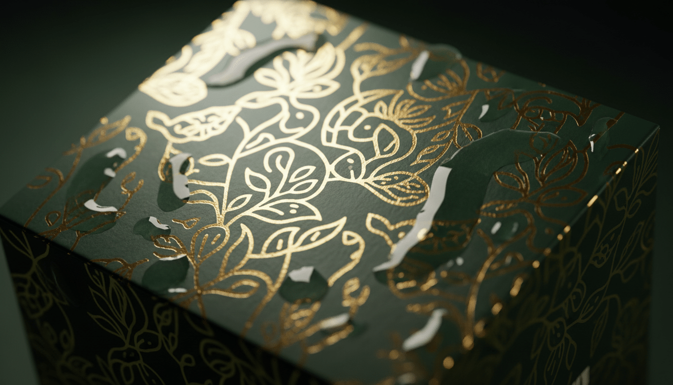 Gold foil, embossing and spot UV finishes on a premium folding carton