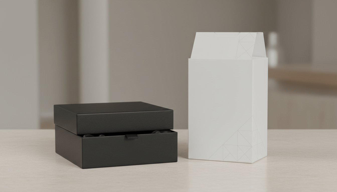 A premium rigid box next to a printed folding carton