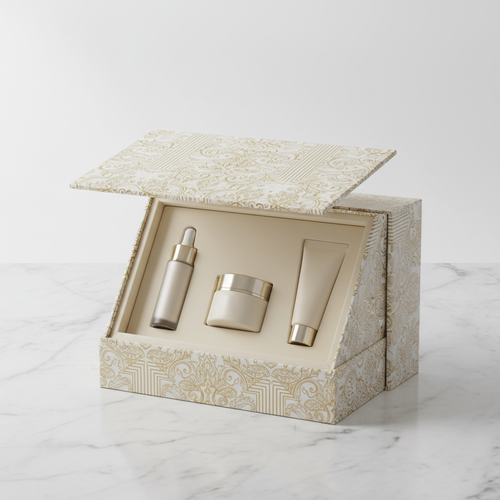 Rigid skincare gift set box with magnetic lid and fitted insert holding a serum, cream and tube
